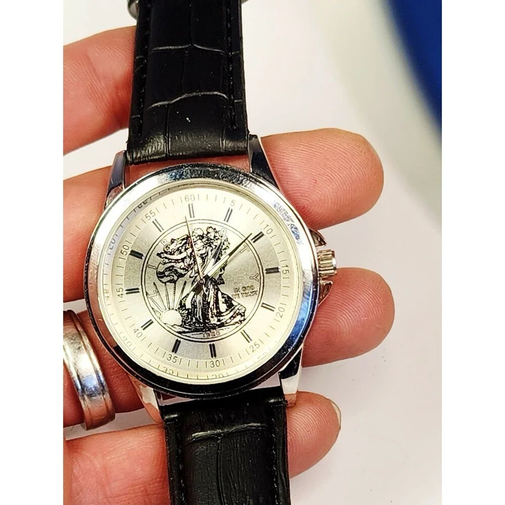 Vintage New American Eagle Lady Liberty Watch Black Leather Band New Battery